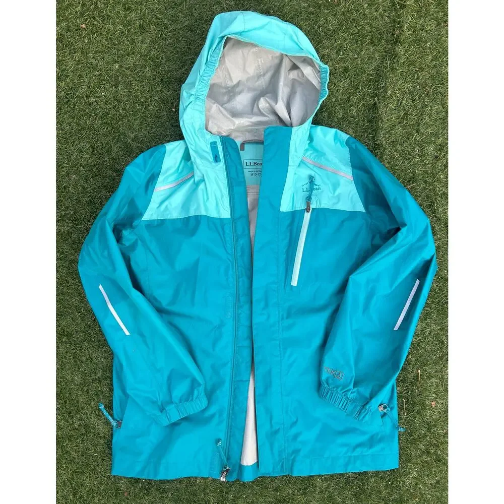L.L.Bean Kids Rain Jacket Teal Blue Packable Hooded Windbreaker M 10–12 - Picture 1 of 4